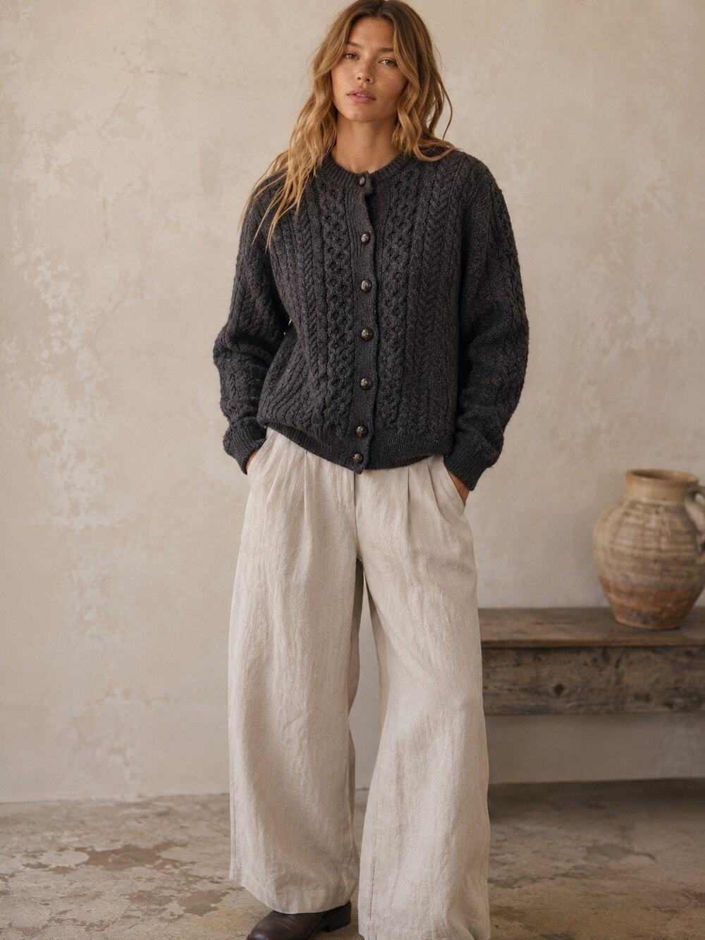 Shannon Woollen Mills Merino Wool Cable Knit Button Cardigan - Navy